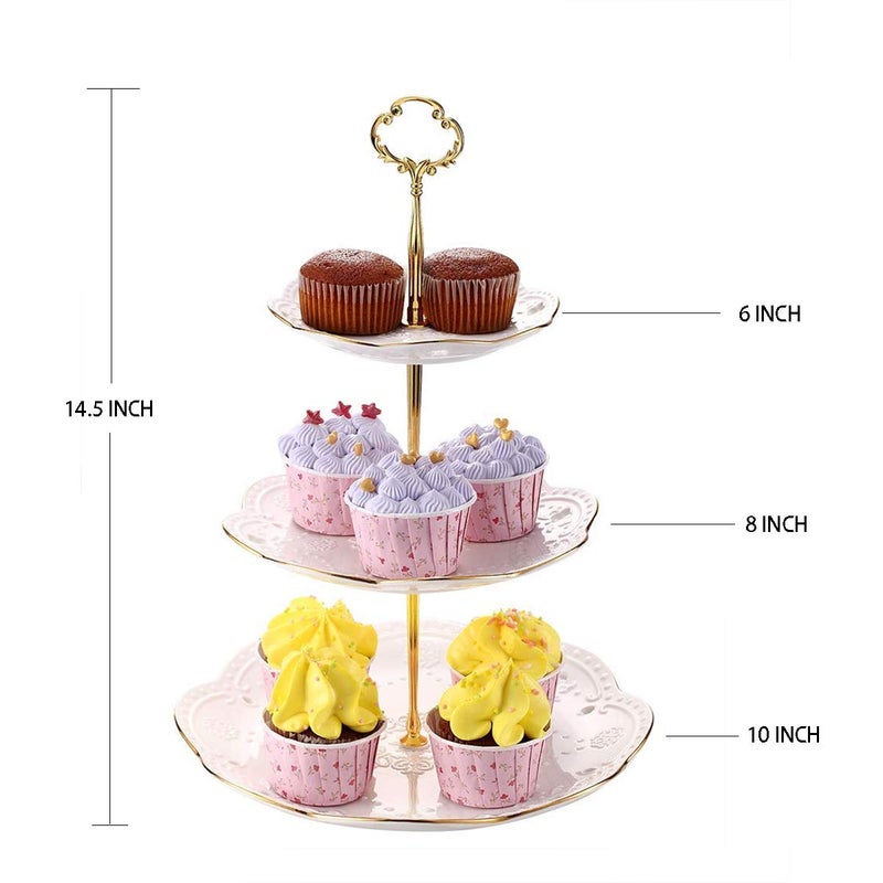 BonNoces 3-Tier Porcelain Embossed Cupcake Stand - Pure White Rimmed with Gold Dessert Cake Stand - Pastry Serving Tray Platter for Tea Party, Wedding and Birthday - Image 2